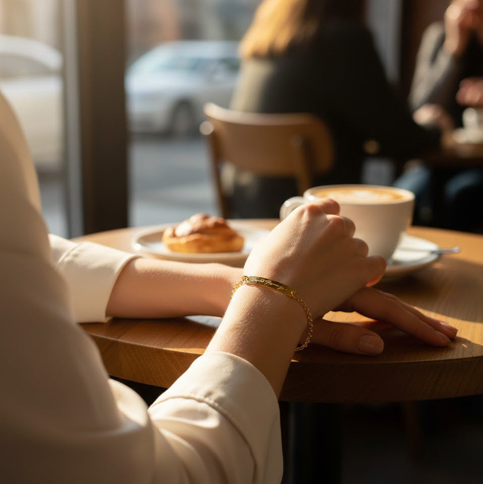 Minimalist engraved bar bracelet worn daily, delicate custom bar charm bracelet in gold, everyday personalized jewelry for women
