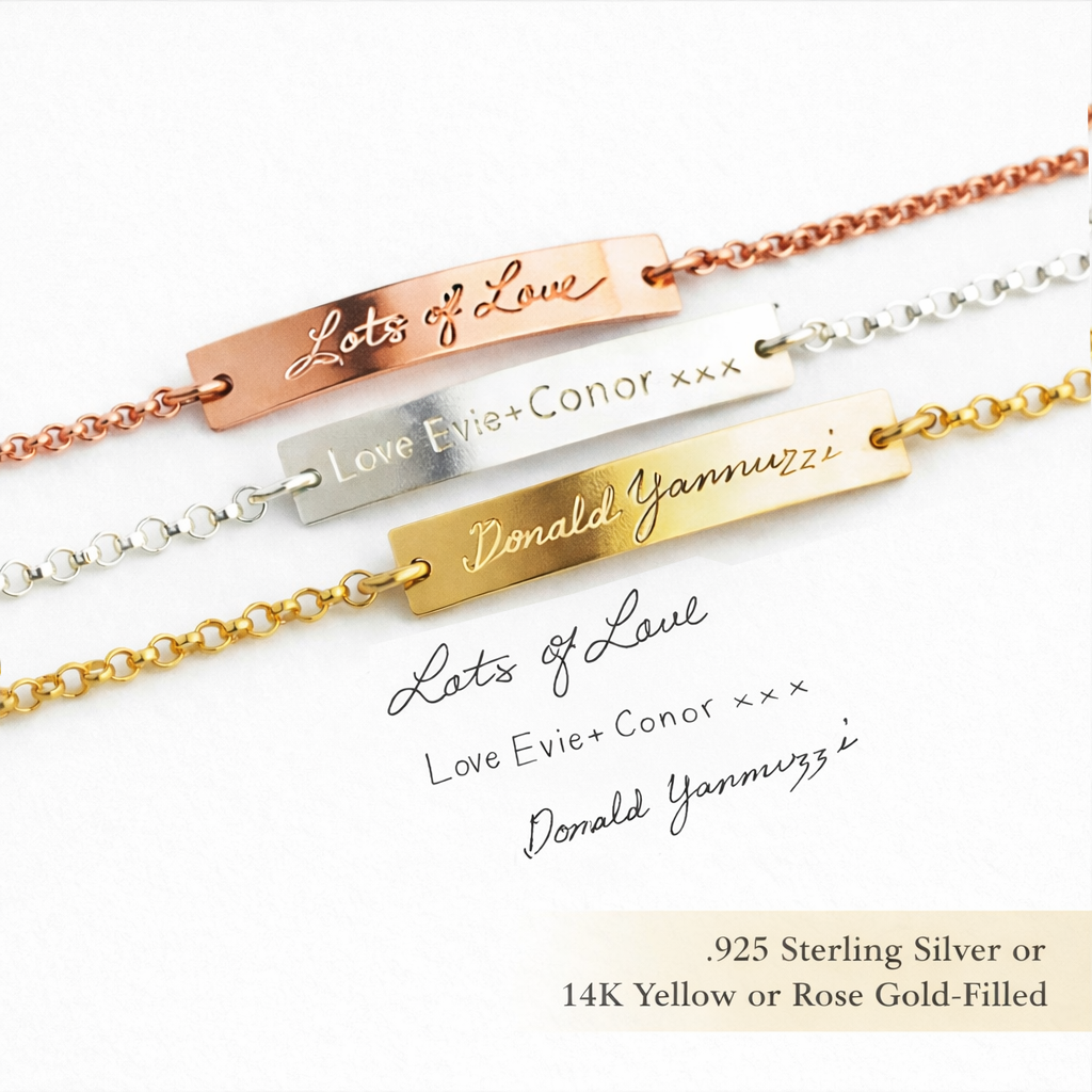 Bar bracelets come in rose gold filled, sterling silver or gold filled. Each bracelet displayed has custom handwriting engraved from a photo. 