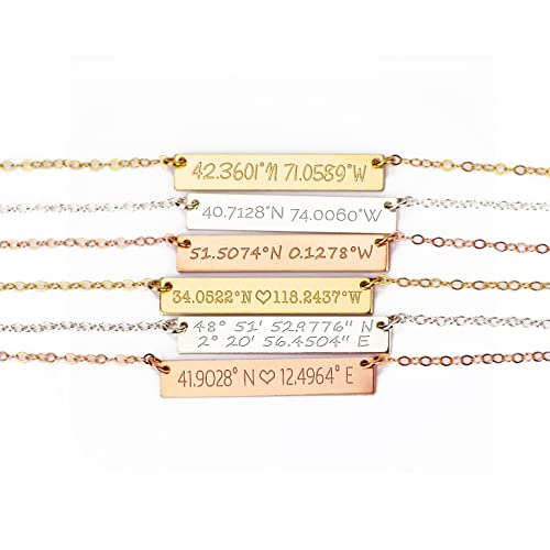 A group of gold, rose gold and silver coordinate necklaces against a white background. Personalized bar necklace gift idea Engraved minimalist bar jewelry Custom bar necklace with special date Minimalist custom engraved bar pendant Personalized bar necklace with birthstone Engraved bar necklace in sterling silver Custom bar pendant with initials