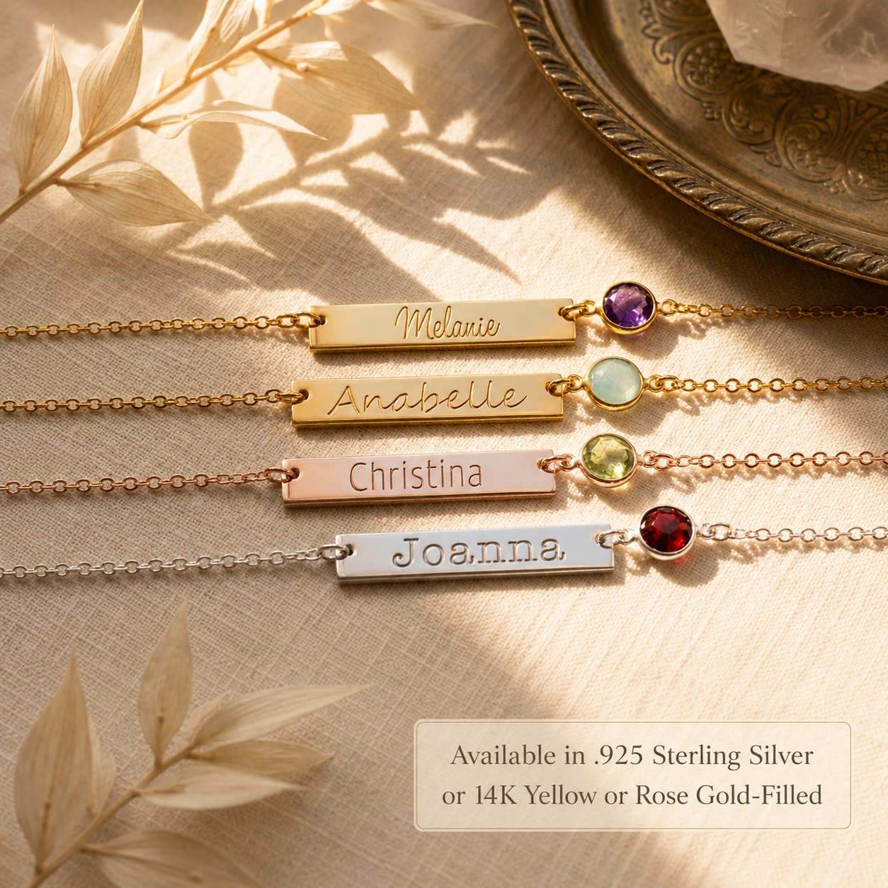 Engraved birthstone bar necklaces in sterling silver yellow gold and rose gold