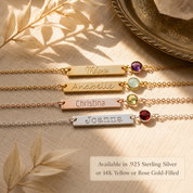 Engraved birthstone bar necklaces in sterling silver yellow gold and rose gold