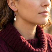 Model wearing custom birthstone earrings with marquise tags, dainty personalized earrings for mom or bridesmaid gift
