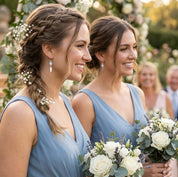 Bridesmaids wearing custom birthstone earrings with marquise tags, personalized wedding party gift earrings