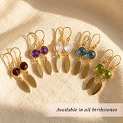 Custom birthstone earrings with marquise tags available in multiple birthstone colors, personalized dangle earrings in gold