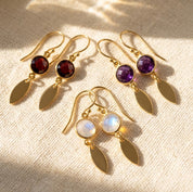 Custom birthstone earrings with marquise tags in gold, personalized dangle earrings with gemstone charms