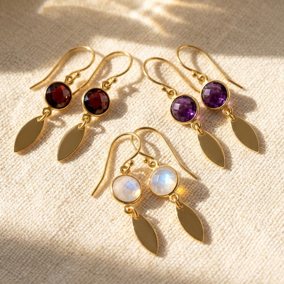 Custom birthstone earrings with marquise tags in gold, personalized dangle earrings with gemstone charms