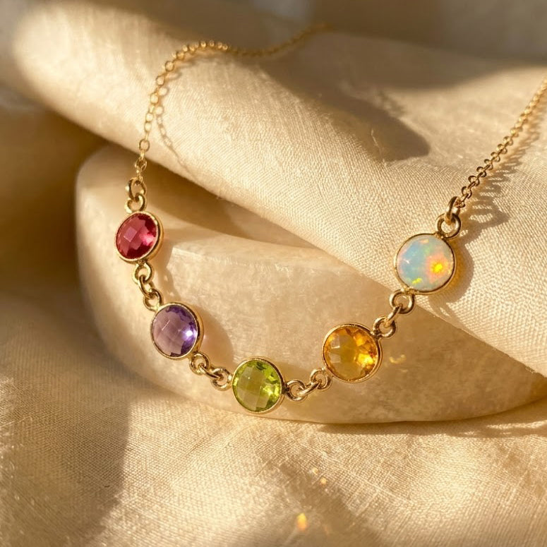 Custom birthstone necklace for mom with multiple gemstones on gold chain