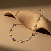 Taylor Swift-inspired birthstone necklace gold plated with 9 birthstones. music lover jewelry, music lover gift, valentines day, birthstone jewelry, birth month jewelry, February Purple Amethyst, Alexindrite, Opalite birthstones, custom layering necklace 