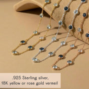 Custom birthstone necklace available in .925 sterling silver, 18k yellow gold vermeil, and 18k rose gold vermeil, featuring tiny round bezel-set birthstones on delicate chains, minimalist personalized family necklace, meaningful gift for mom, grandma, or Valentine’s Day jewelry gift