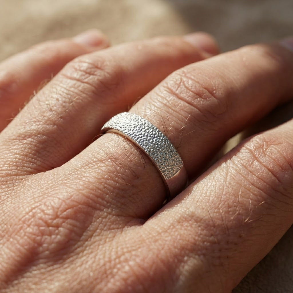 Dog nose texture engraved ring worn on finger, showcasing subtle pebble-style engraving inspired by a real dog’s nose, custom pet nose print ring in sterling silver, minimalist personalized pet jewelry, meaningful memorial dog ring, everyday wearable keepsake for pet owners