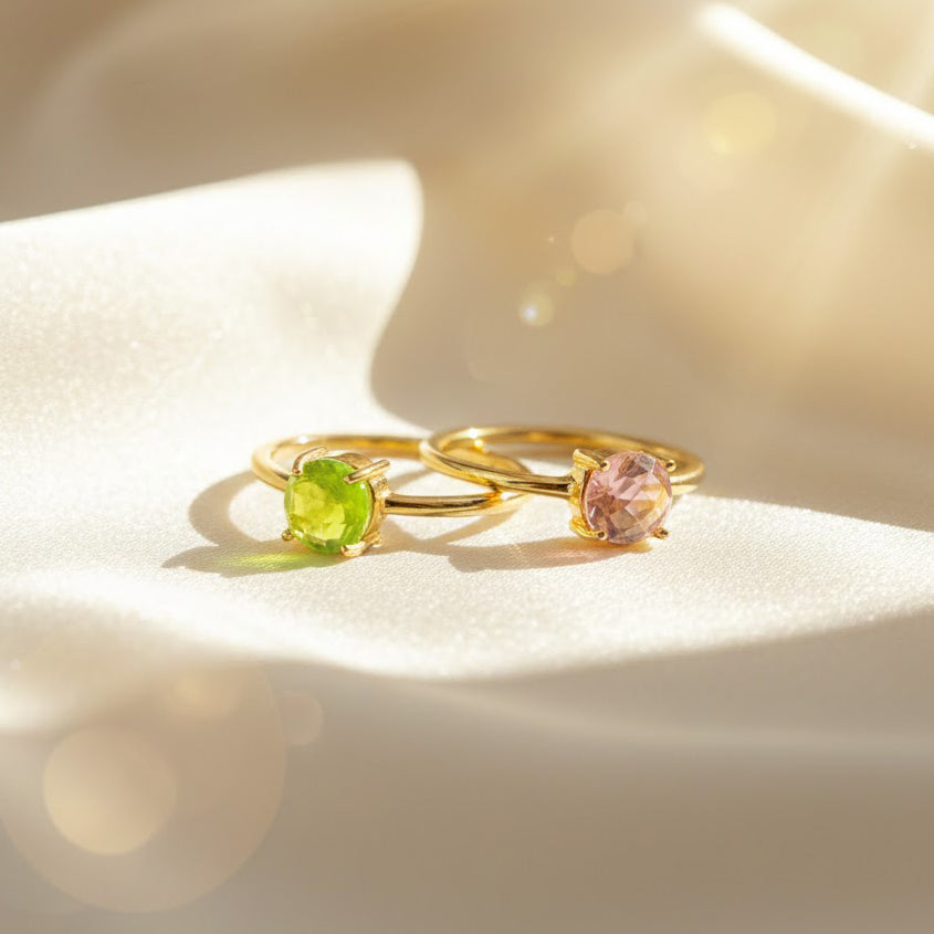 dainty stackable birthstone rings in 18K gold vermeil over sterling silver, featuring round peridot and light pink gemstones on slim bands, minimalist mothers ring set perfect for personalized birthstone jewelry gifts, birthdays, anniversaries or Mother’s Day