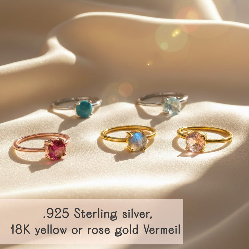 dainty stackable birthstone rings in .925 sterling silver and 18K yellow or rose gold vermeil, featuring round bezel-set gemstones on slim bands, minimalist personalized mothers ring set perfect for everyday wear, birthdays, anniversaries, or Mother’s Day gifts