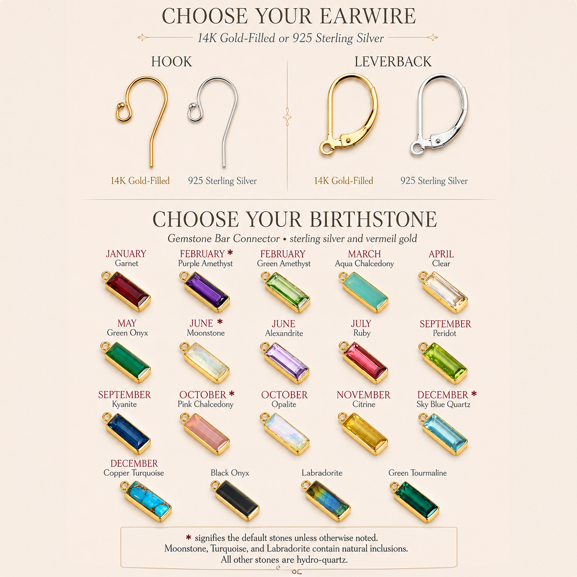 An informational product graphic showing two types of earwire hooks labeled hook and leverback, with text for 14K gold-filled and 925 sterling silver options. Below, a grid displays gemstone bar connectors labeled by month with corresponding stone names and metal color options.