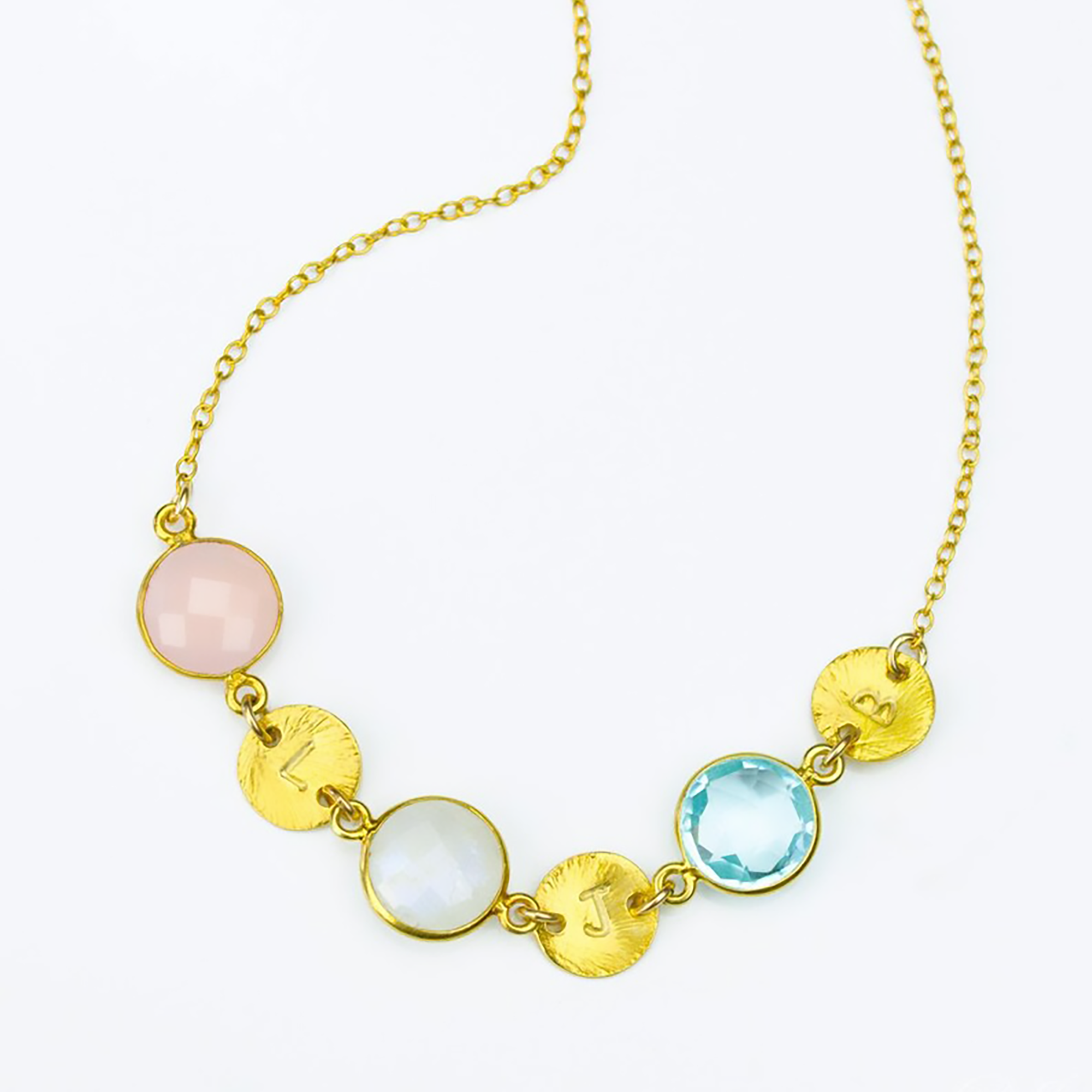 Custom Mother's Station Necklace with Birthstones & Stamped Initial Discs