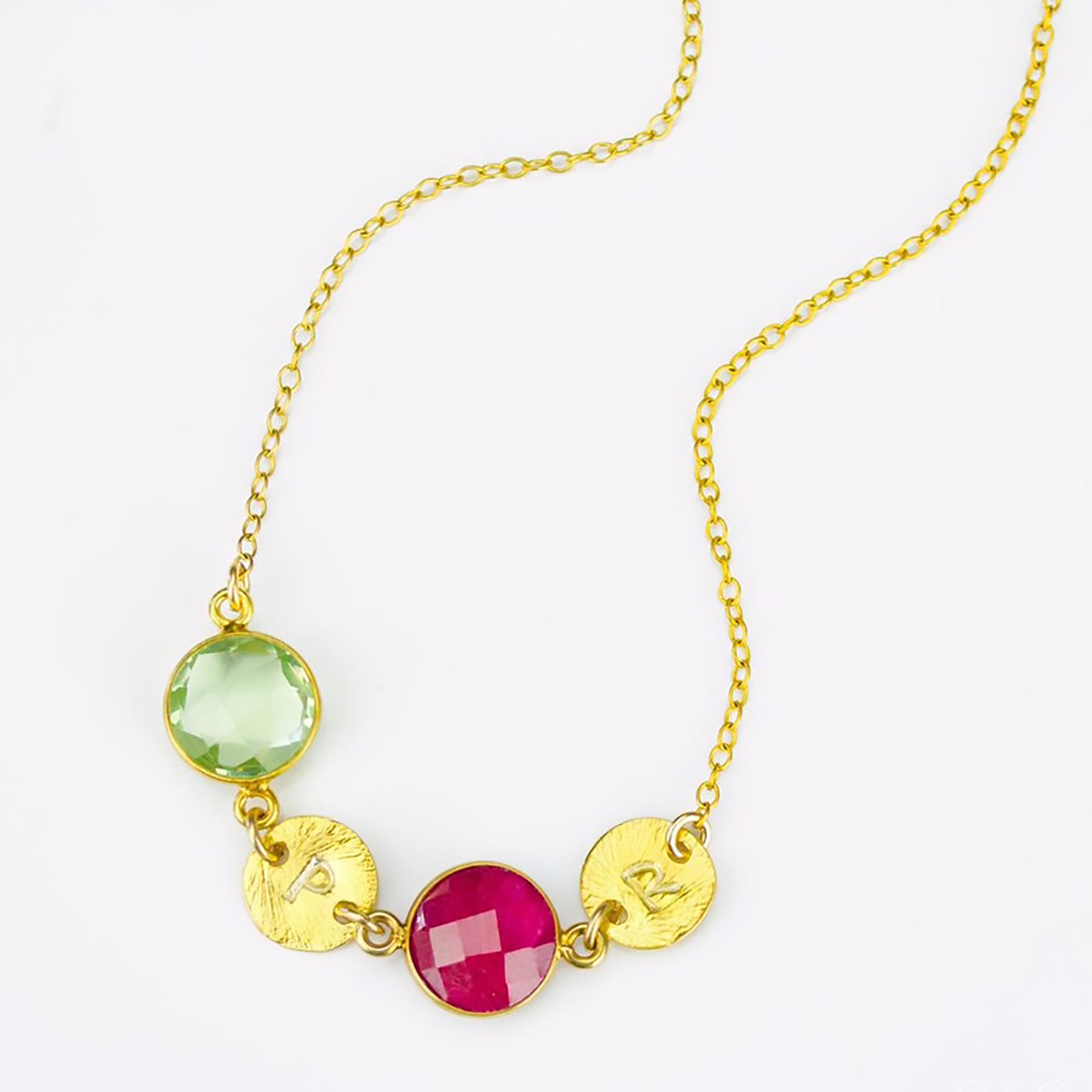 Custom Mother's Station Necklace with Birthstones & Stamped Initial Discs