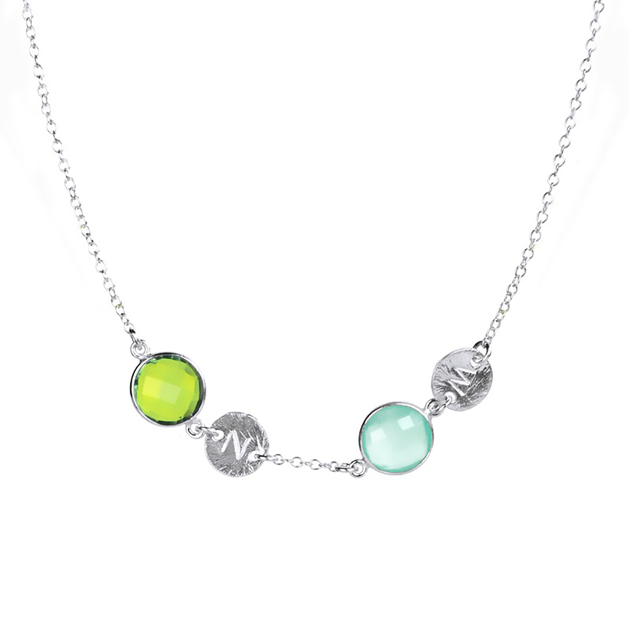 Custom Mother's Station Necklace with Birthstones & Stamped Initial Discs
