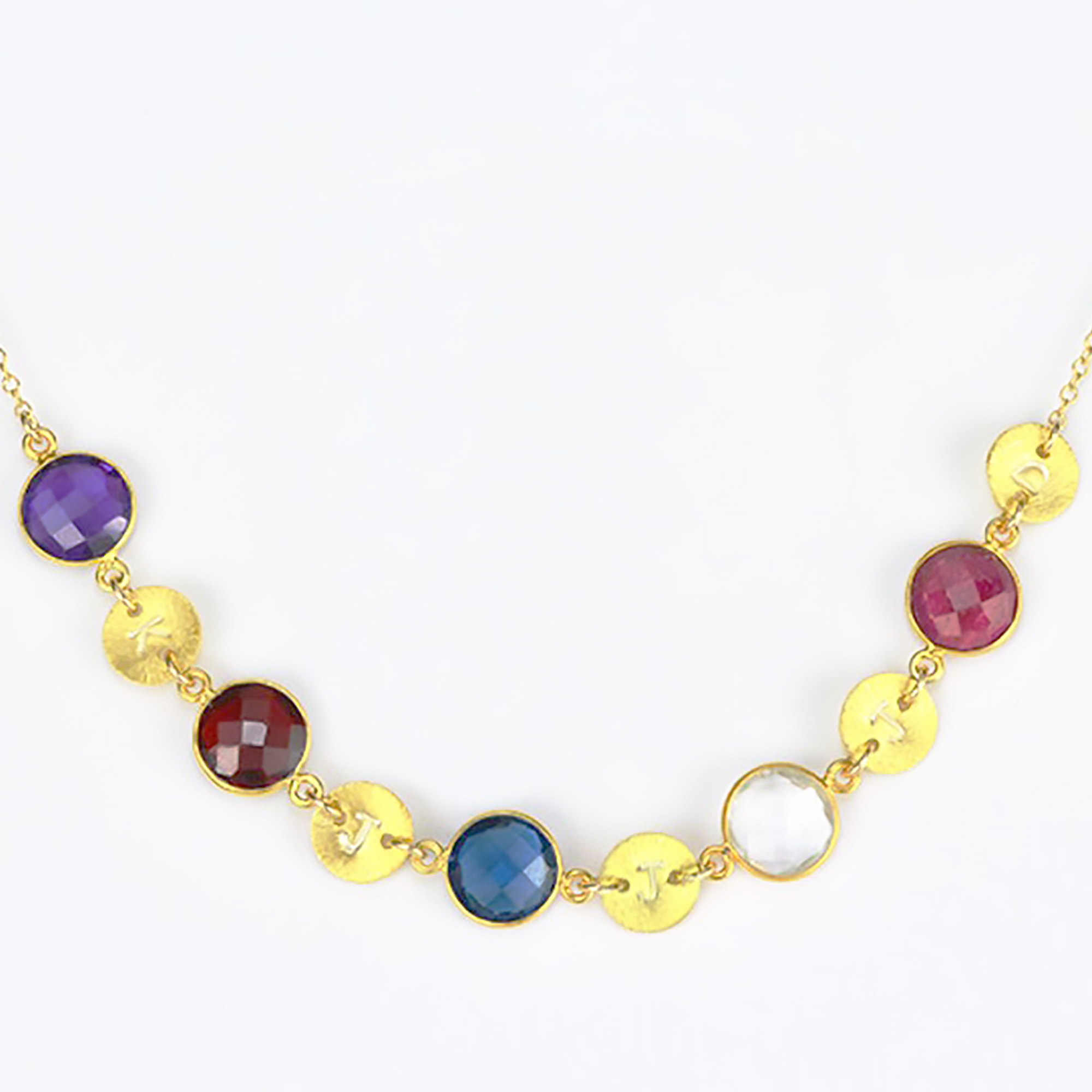 Custom Mother's Station Necklace with Birthstones & Stamped Initial Discs
