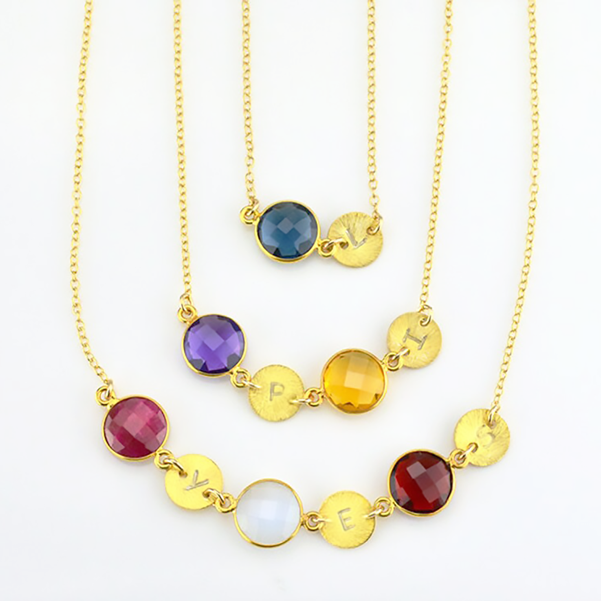 Custom Mother's Station Necklace with Birthstones & Stamped Initial Discs