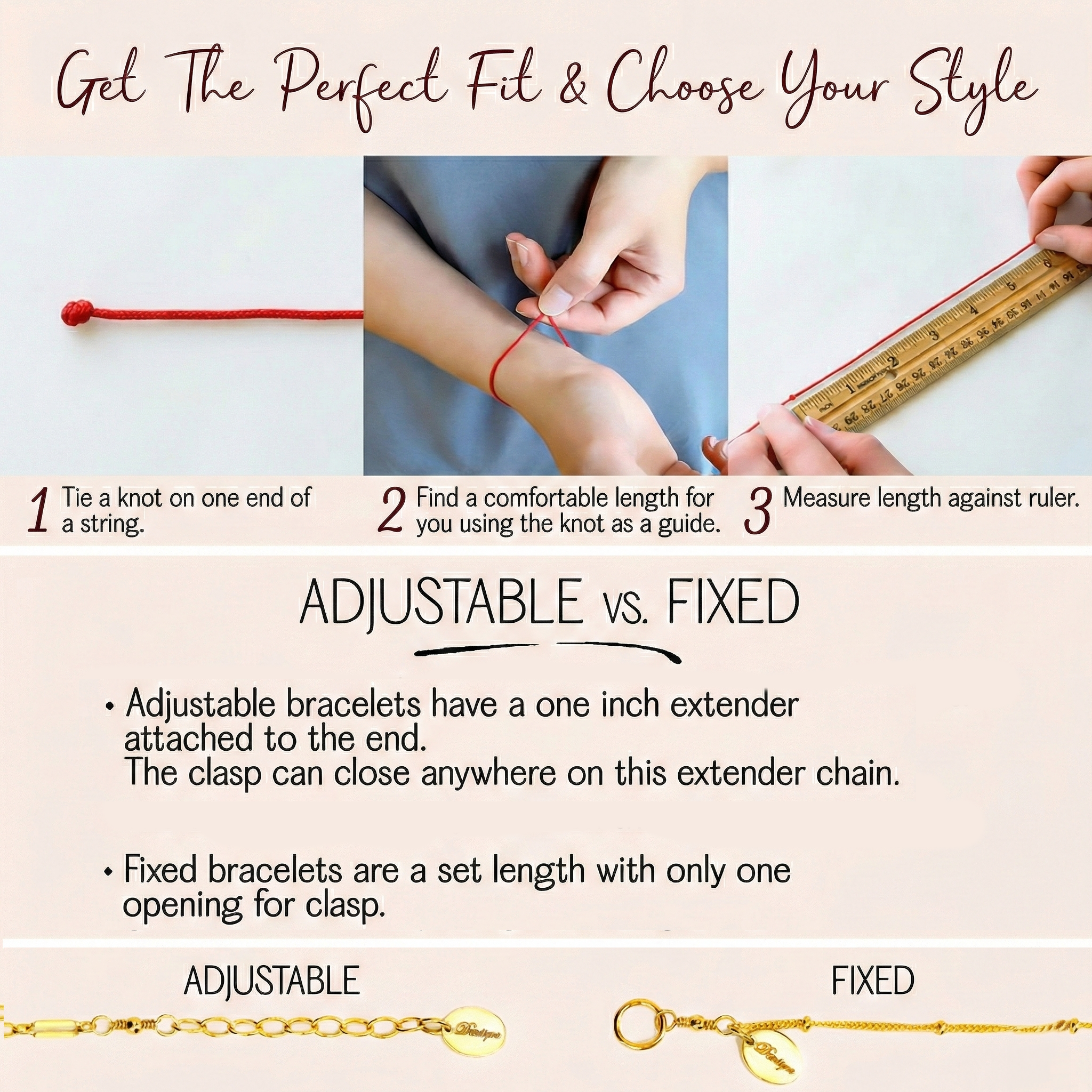 Instructions for measuring and choosing adjustable or fixed bracelets with a visual guide.