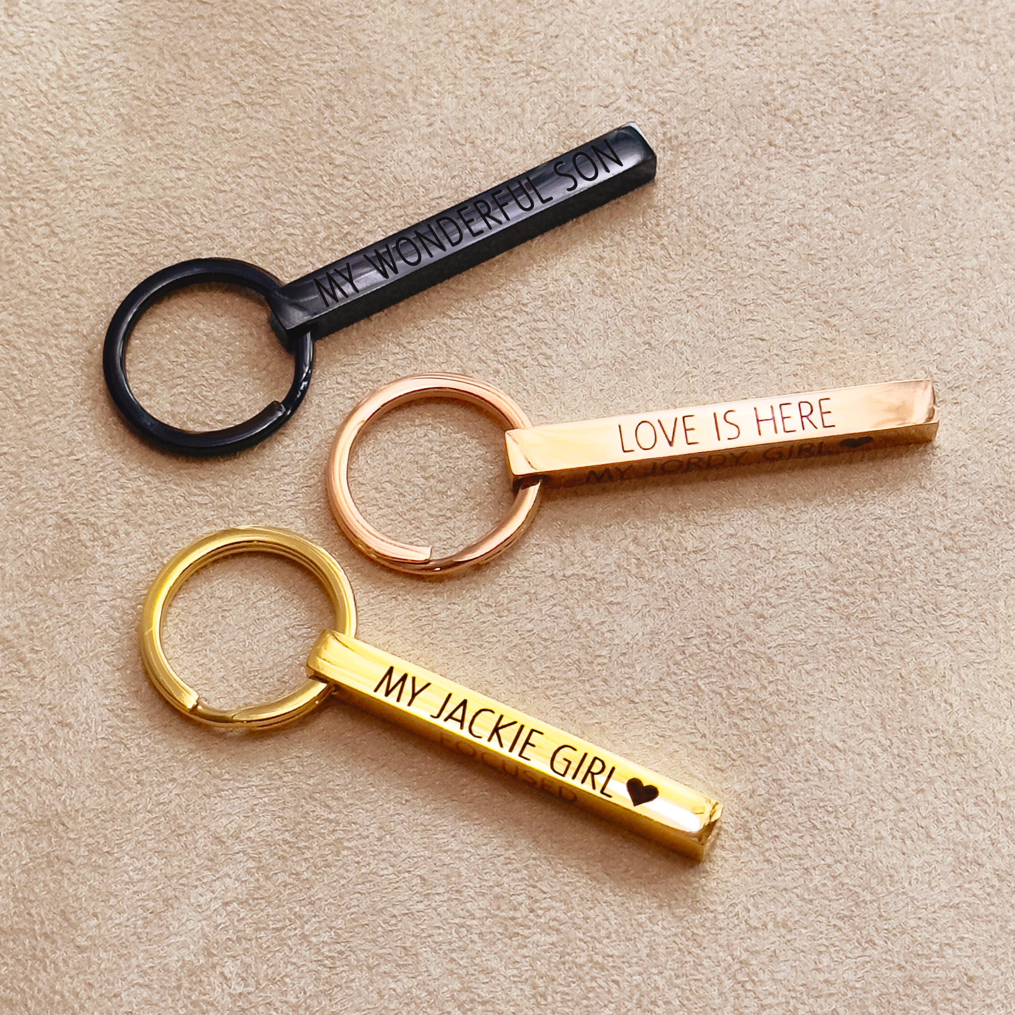 4-Sided Large 3D Bar Keychain, Personalized Key Ring Engraved with Phone Number, Name, Address, Gold, Black, Rainbow, Silver, Custom New Driver Gift