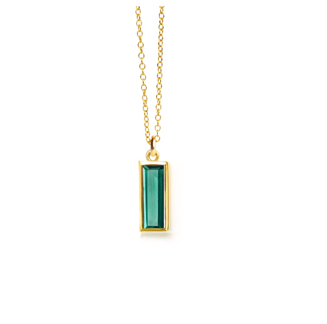 Single gold filled cable chain with green tourmaline vertical adira birthstone bar necklace on white background