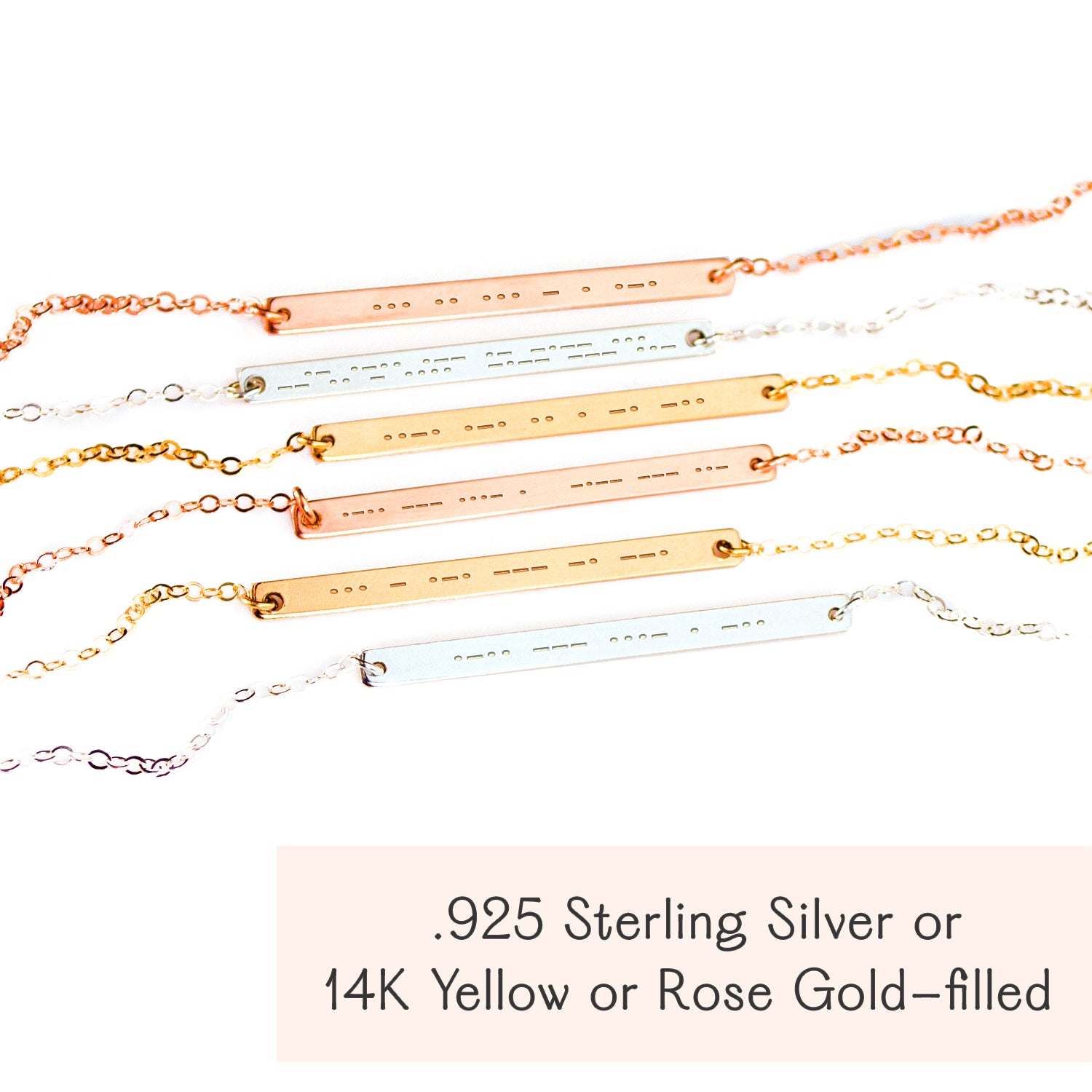Personalized morse code skinny bar necklaces shown in sterling silver, gold filled, and rose gold filled. Custom engraved hidden message jewelry available in multiple finishes, designed as meaningful minimalist necklace gift for her.