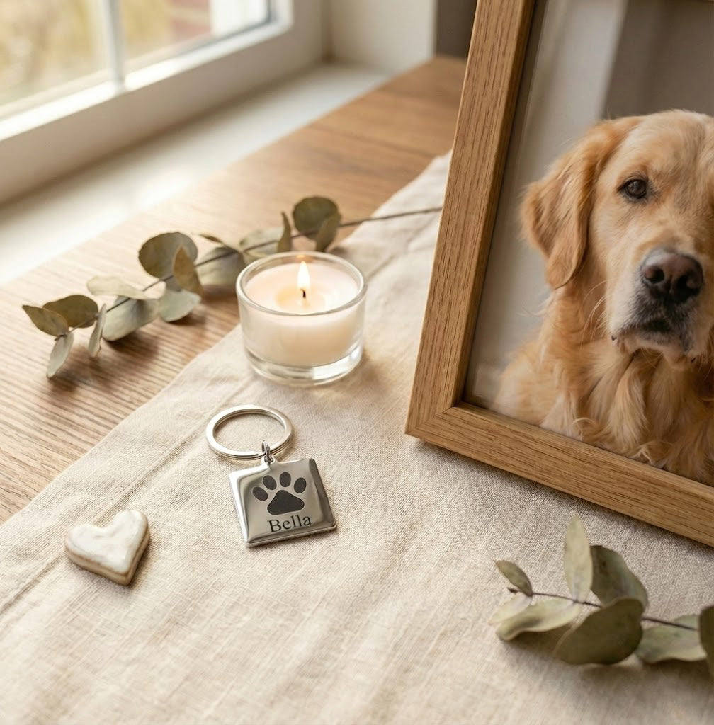 Custom pet paw print and name keychain displayed beside a framed photo of a golden retriever, styled as a heartfelt memorial keepsake. Personalized stainless steel dog paw keychain engraved with pet name “Bella,” shown on a neutral linen surface with candle and greenery accents. Meaningful pet remembrance gift for dog lovers, pet parents, or those honoring a beloved dog. Thoughtful sympathy gift, pet loss memorial, or everyday key accessory celebrating unconditional love.