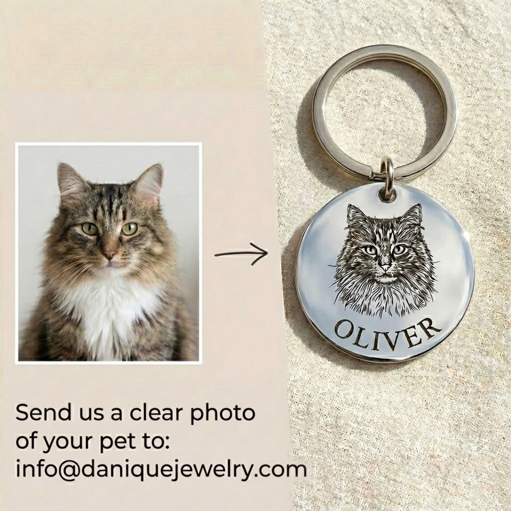Before and after example showing customer pet photo transformed into engraved pet portrait keychain. Custom pet keychain made from uploaded photo, featuring a detailed engraved illustration and pet name. Personalized pet portrait keepsake designed for dog lovers, cat lovers, and memorial gifts that preserve cherished memories.