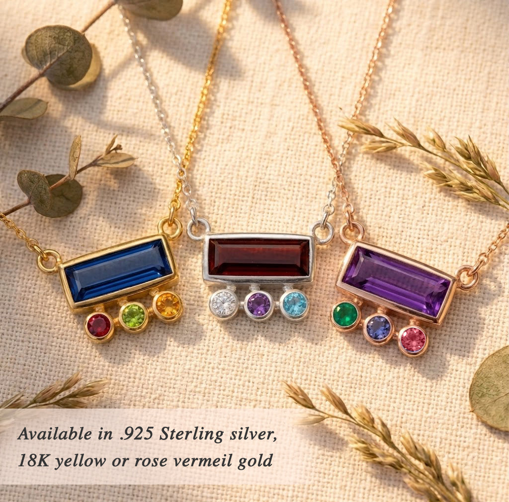 Family birthstone necklace with bar stone for mom and multiple small stones for kids, custom meaningful jewelry for mothers and grandmothers