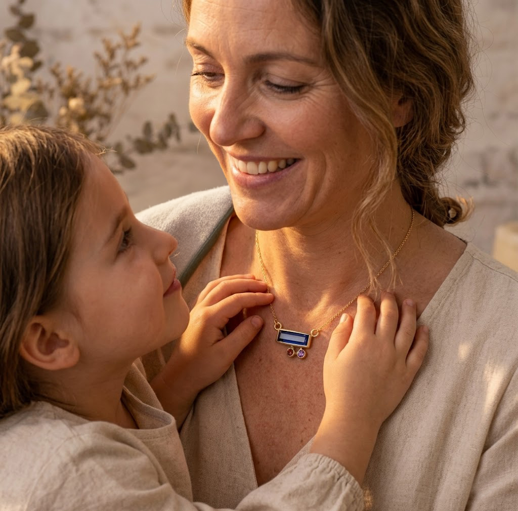 Custom mom birthstone necklace featuring one bar stone for mom and small birthstones for kids, unique family jewelry gift for Mother’s Day
