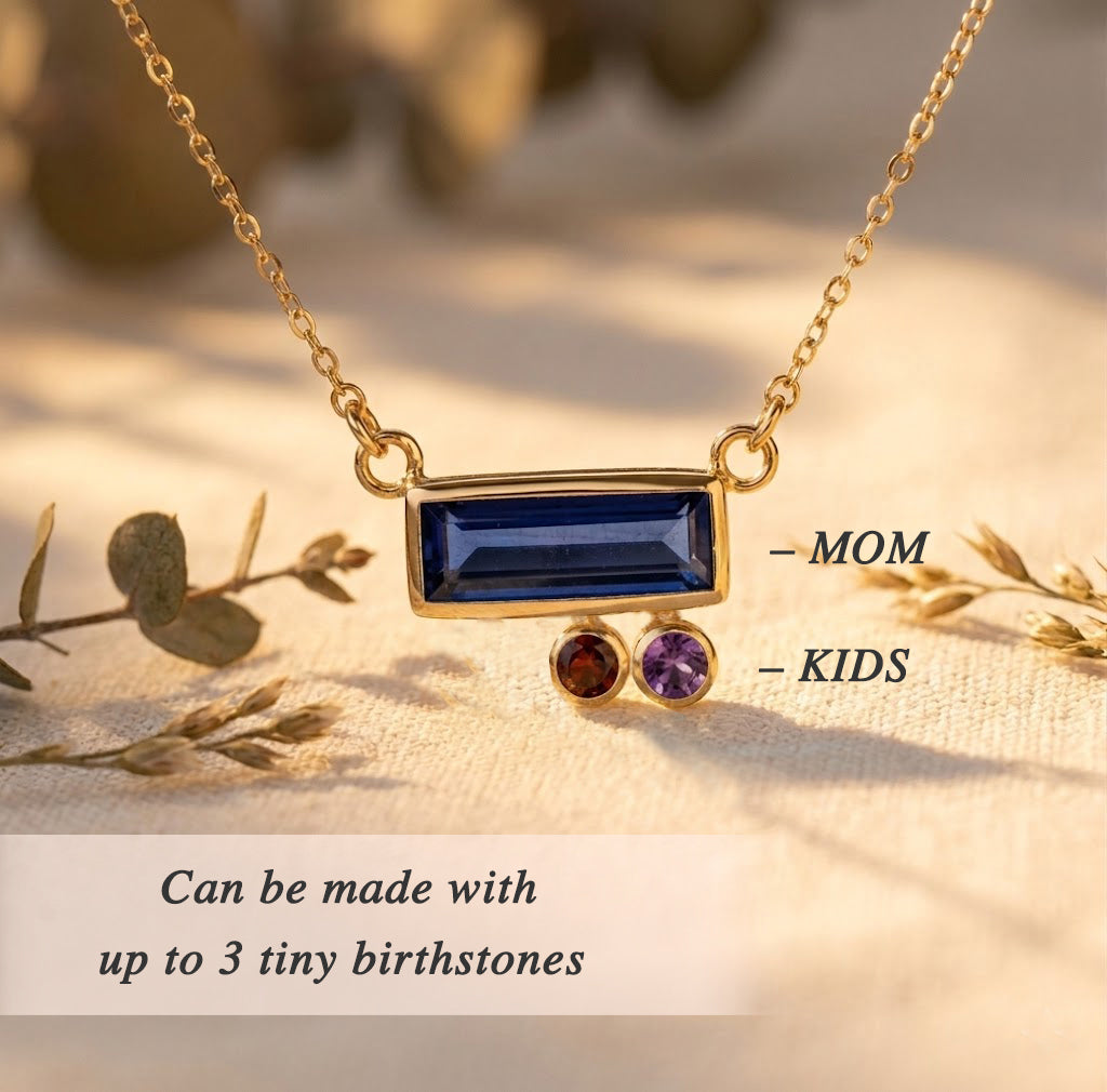 Personalized birthstone necklace for mom and kids, bar pendant representing mother with tiny gemstone drops symbolizing each child