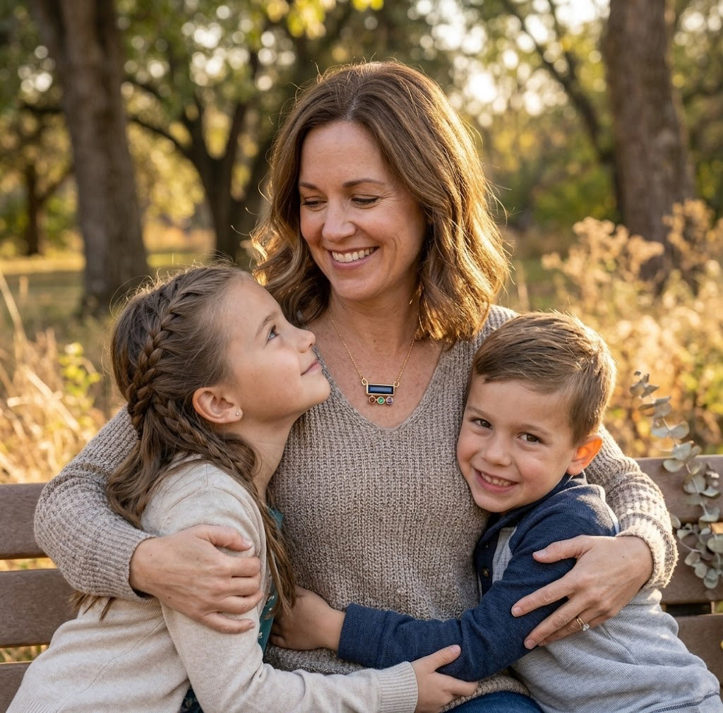 Custom mothers necklace with kids birthstones, modern bar pendant design symbolizing mom and children in a delicate everyday necklace