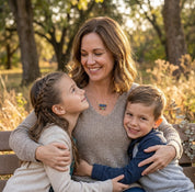 Custom mothers necklace with kids birthstones, modern bar pendant design symbolizing mom and children in a delicate everyday necklace