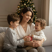 mom birthstone name necklace worn by smiling mother sitting on a cozy sofa with her two young children in front of a softly lit Christmas tree, three slim bar birthstones on a delicate gold chain representing each child, capturing a warm holiday gifting moment as the kids present a small red gift box, modern personalized family necklace that makes a meaningful Christmas, Mother’s Day or birthday gift and a cherished keepsake for moms