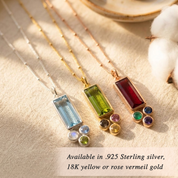 Custom mom necklace with blue, green, and red baguette birthstone options, showing one large mom stone with tiny children’s birthstones in gold, silver, and rose gold.