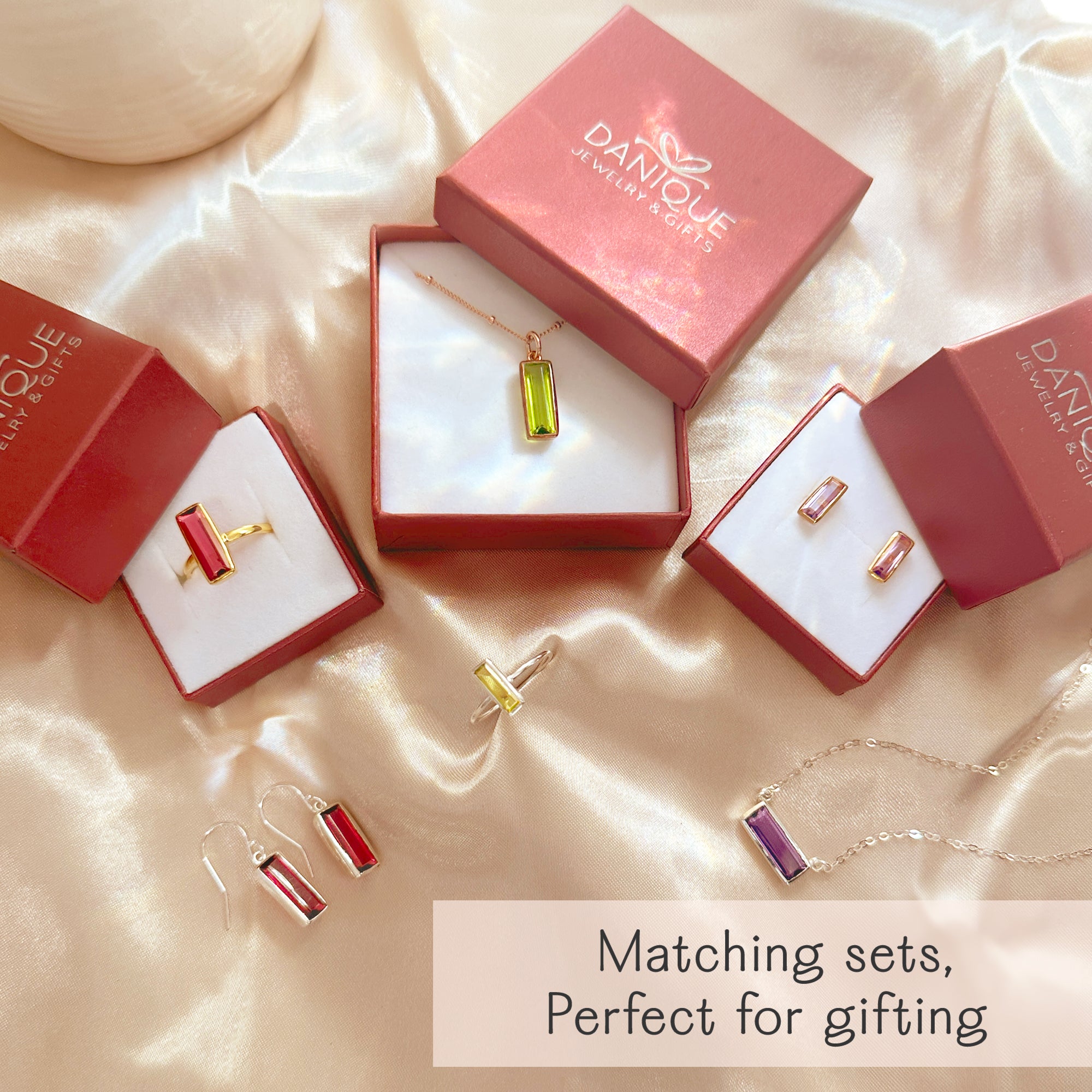Baguette birthstone jewelry gift set in Danique Jewelry gift boxes