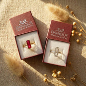 Ruby quartz ring displayed in Danique Jewelry gift packaging.