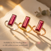 Ruby baguette rings shown in sterling silver, yellow gold vermeil, and rose gold vermeil.