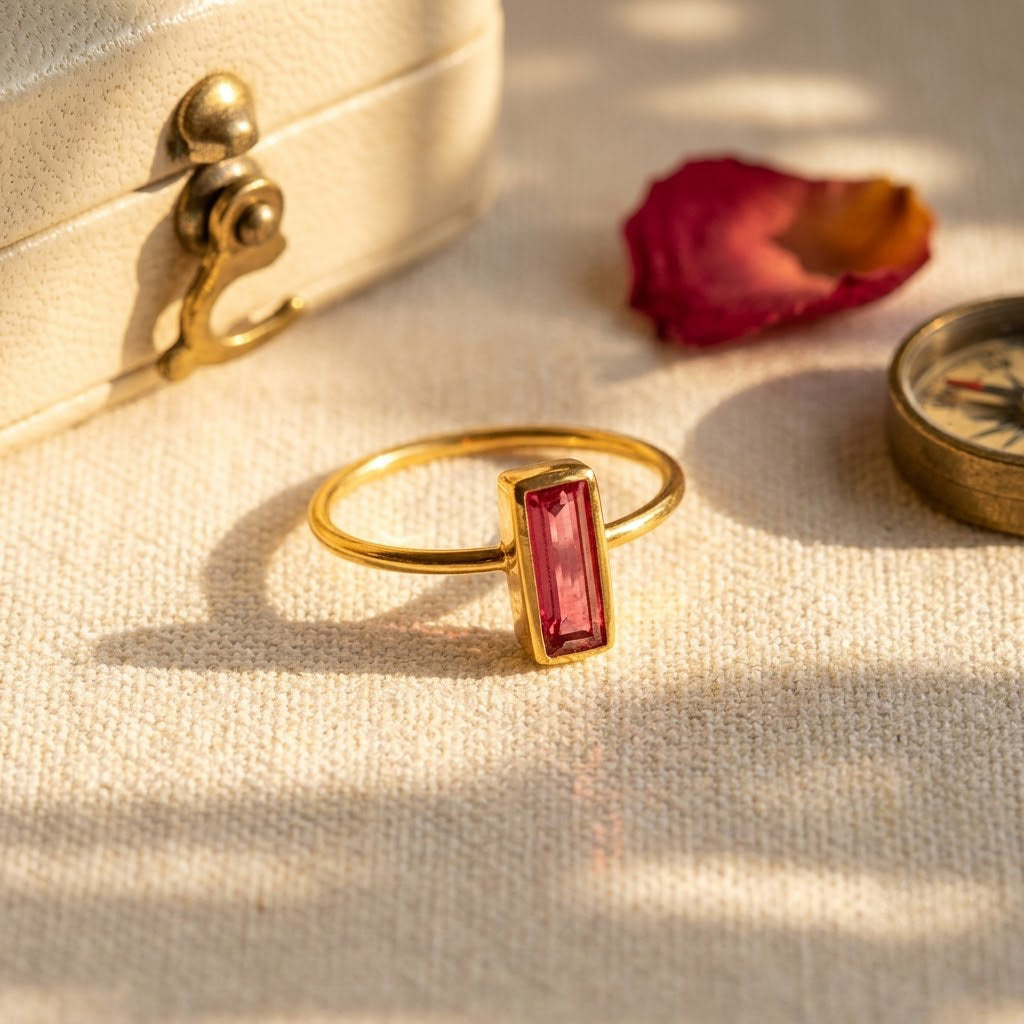 Dainty ruby quartz Adira ring with 3 x 10 mm rectangular birthstone in gold setting.