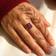 Small ruby quartz baguette ring shown with other Adira gemstone stacking rings.
