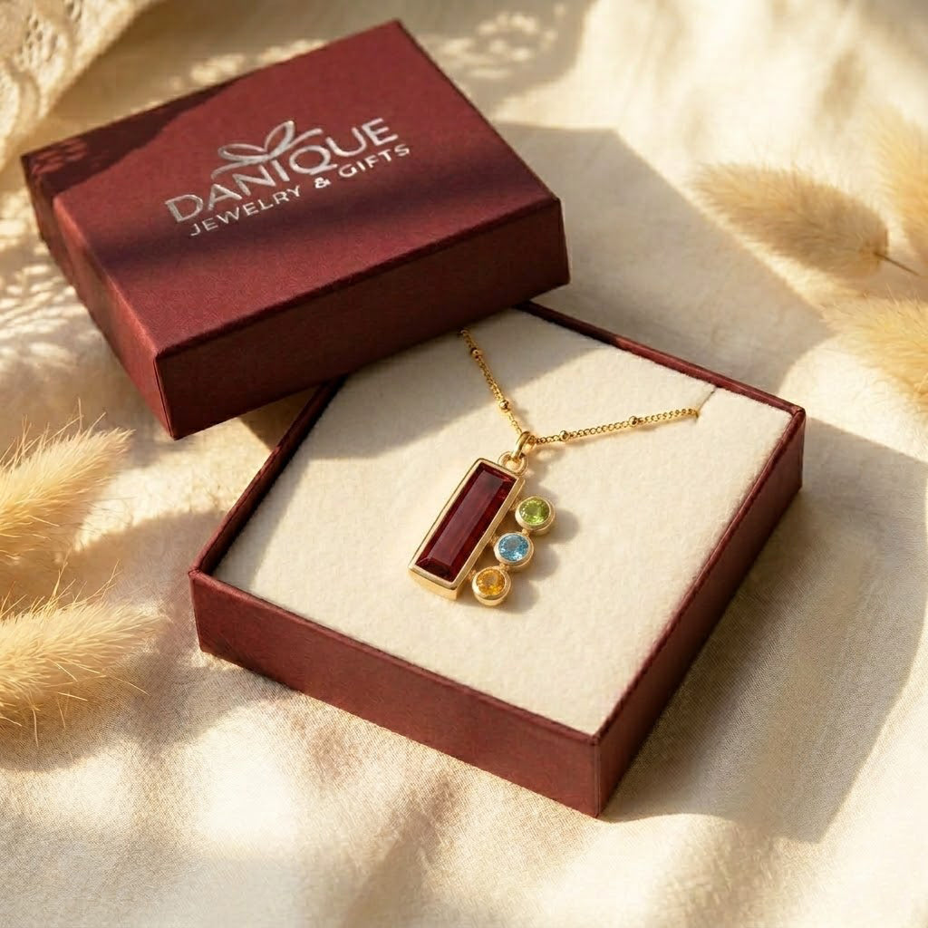 Custom birthstone necklace in a Danique Jewelry gift box, ready to give as a thoughtful Mother’s Day, birthday, or new mom gift.