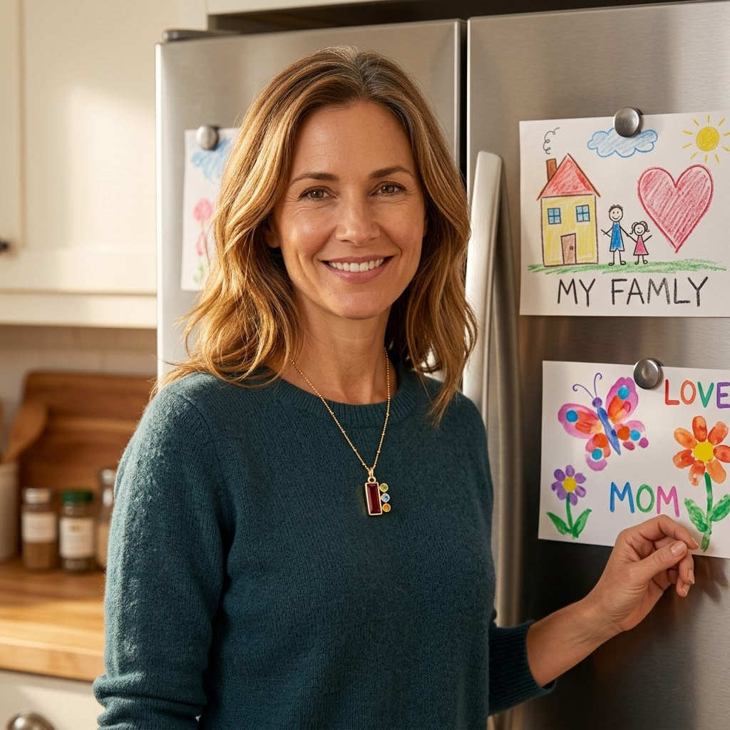 Mother wearing a personalized family necklace beside children’s artwork, a sweet keepsake necklace representing mom and kids.