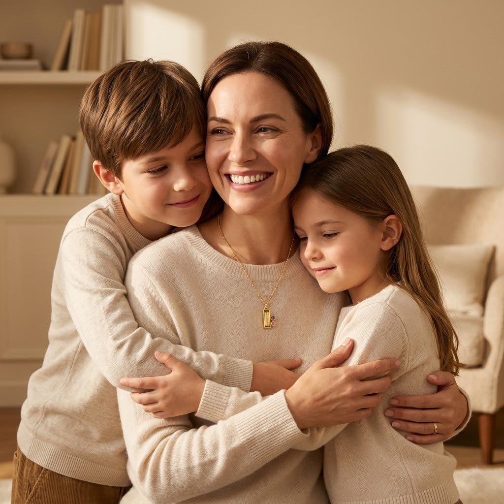 Gold family birthstone necklace for mom with red rectangular gemstone and colorful kids’ charms, designed as a meaningful Mother’s Day gift.
