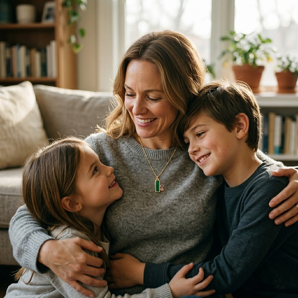 Custom mom necklace available with up to three small children’s birthstones beside a large baguette mother’s birthstone pendant.