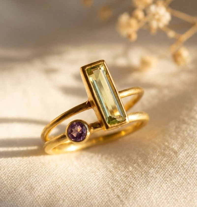 Adira gemstone bar ring with petite round birthstone rings in yellow gold
