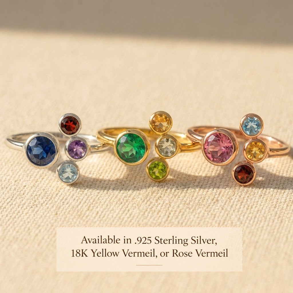 Adjustable Mom birthstone rings shown in sterling silver, yellow gold and rose gold finishes.
