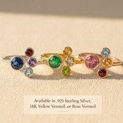 Adjustable Mom birthstone rings shown in sterling silver, yellow gold and rose gold finishes.
