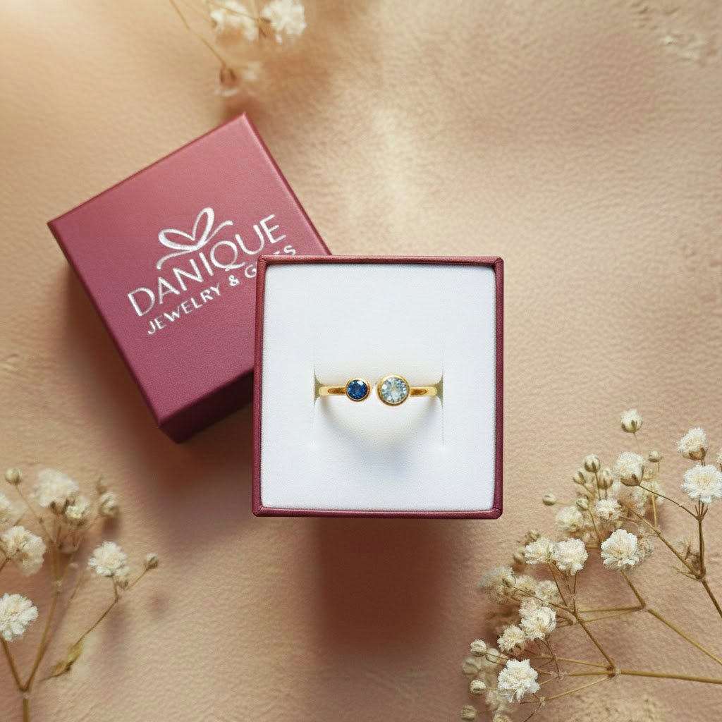 Danique Jewelry gift box with adjustable double birthstone ring, ready-to-gift personalized mom ring for birthday, Mother’s Day, or Christmas