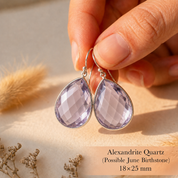 Close up of alexandrite quartz teardrop earrings showing transparent lavender faceted stones and gold earwires