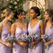 Bridesmaids wearing matching purple alexandrite necklaces with lavender dresses and bouquets.